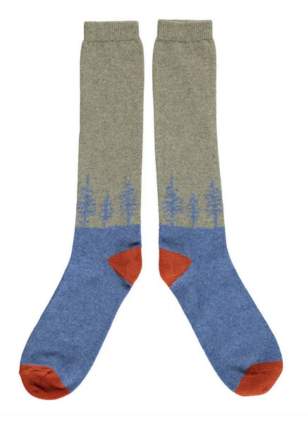 Lambswool knee socks in blue and grey forest design