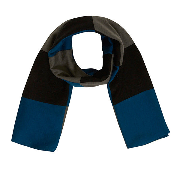 Outsider merino wool patchwork scarf in teal, grey and black