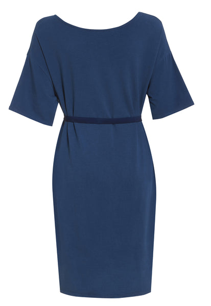 Outsider t-shirt dress with belt in woad dye blue contrast