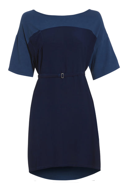 Outsider t-shirt dress with belt in woad dye blue contrast