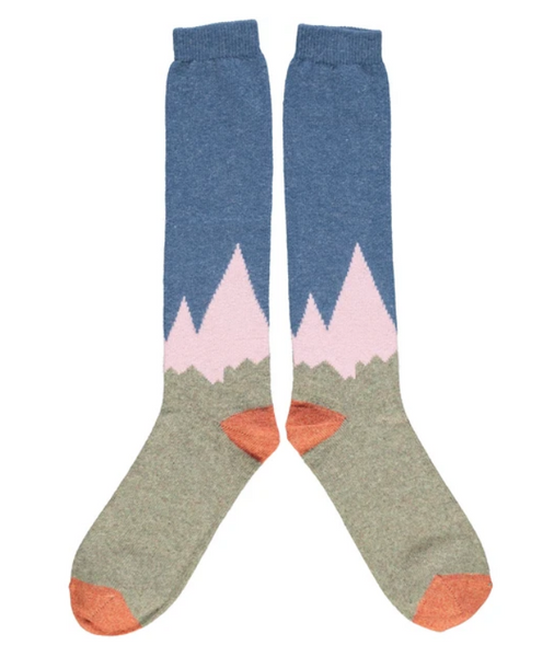 Lambswool knee socks in blue, pink and grey mountain design