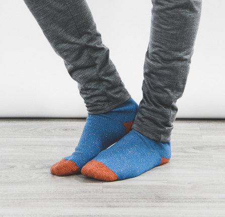Lambswool knee socks in navy and orange glitter