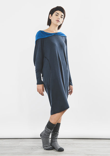 Outsider hoodie dress merino wool in steel grey with teal