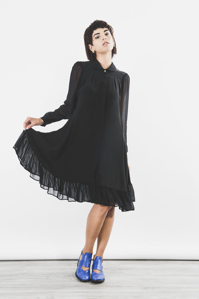 Outsider silk shirt dress with georgette sleeves in black